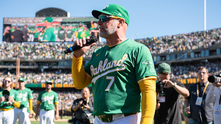 Sep 26, 2024; Oakland, California, USA; Oakland Athletics manager Mark Kotsay (7) speaks to the crowd after the game against the Texas Rangers at Oakland-Alameda County Coliseum. Mandatory Credit: Ed Szczepanski-Imagn Images Sep 26, 2024; Oakland, California, USA; Oakland Athletics manager Mark Kotsay (7) speaks to the crowd after the game against the Texas Rangers at Oakland-Alameda County Coliseum. Mandatory Credit: Ed Szczepanski-Imagn Images