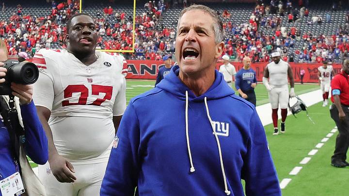 Oct 25, 2026; Houston, Texas, USA; New York Giants head coach John Harbaugh reacts after defeating the Houston Texans in overtime at Reliant Stadium. Oct 25, 2026; Houston, Texas, USA; New York Giants head coach John Harbaugh reacts after defeating the Houston Texans in overtime at Reliant Stadium.