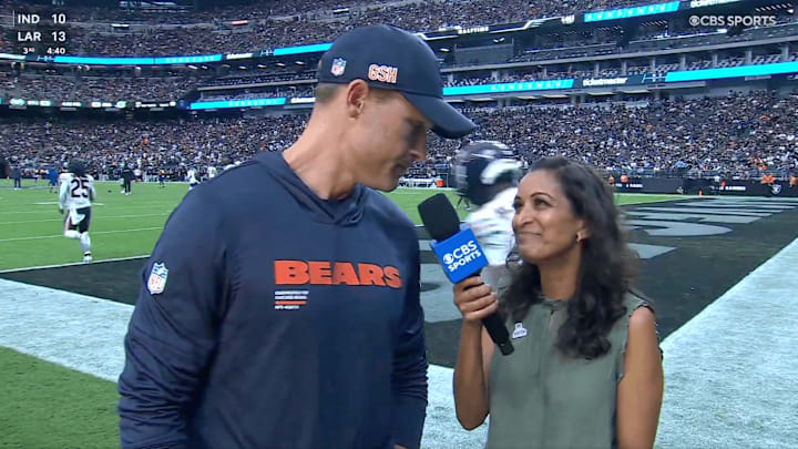Ben Johnson had an awkward interview moment during the Bears' win over the Raiders Ben Johnson had an awkward interview moment during the Bears' win over the Raiders