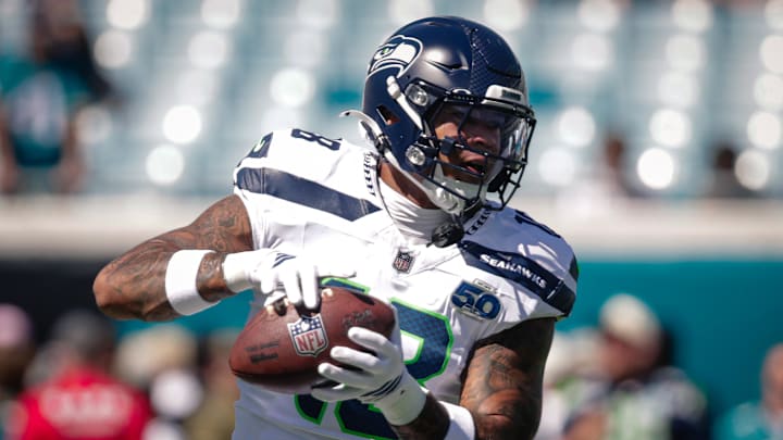 Oct 12, 2025; Jacksonville, Florida, USA;Seattle Seahawks tight end Elijah Arroyo (18) warms up before the game against the Jacksonville Jaguars at EverBank Stadium. Mandatory Credit: Travis Register-Imagn Images