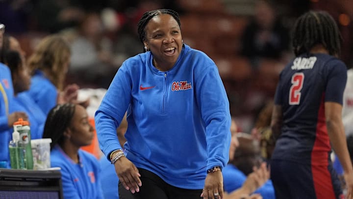 Mar 7, 2025; Greenville, SC, USA;  Ole Miss Rebels head coach Yolett McPhee-McCuin reacts to closing the scoring gap against Texas Longhorns during the second half at Bon Secours Wellness Arena. Mandatory Credit: Jim Dedmon-Imagn Images