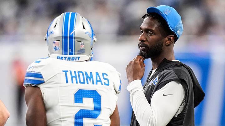 Detroit Lions safety Kerby Joseph (31), right, talks to safety Daniel Thomas (2) at a timeout against Dallas Cowboys during the second half at Ford Field in Detroit on Thursday, Dec. 4, 2025. Detroit Lions safety Kerby Joseph (31), right, talks to safety Daniel Thomas (2) at a timeout against Dallas Cowboys during the second half at Ford Field in Detroit on Thursday, Dec. 4, 2025.