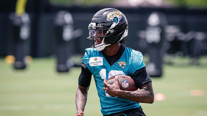 May 10, 2025; Jacksonville, FL, USA; Jacksonville Jaguars wide receiver Travis Hunter (12) participates in a drill during rookie minicamp at Miller Electric Center. Mandatory Credit: Travis Register-Imagn Images