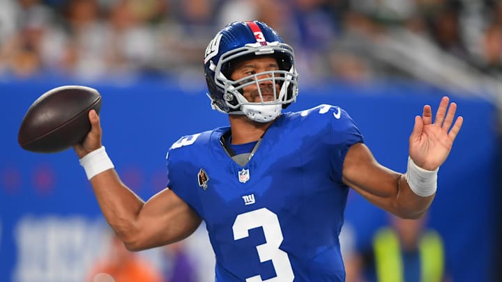 Aug 16, 2025; East Rutherford, New Jersey, USA; New York Giants quarterback Russell Wilson (3) passes against the New York Jets during the first half at MetLife Stadium.  