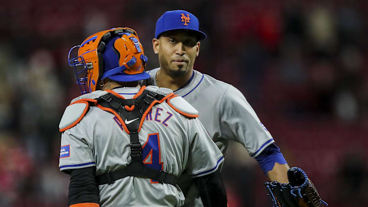 Apr 5, 2024; Cincinnati, Ohio, USA; New York Mets relief pitcher Edwin Diaz (39) hugs catcher Francisco Alvarez (4) after the victory over the Cincinnati Reds at Great American Ball Park. Mandatory Credit: Katie Stratman-USA TODAY Sports