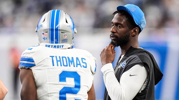 Detroit Lions safety Kerby Joseph (31), right, talks to safety Daniel Thomas (2) at a timeout against Dallas Cowboys during the second half at Ford Field in Detroit on Thursday, Dec. 4, 2025. Detroit Lions safety Kerby Joseph (31), right, talks to safety Daniel Thomas (2) at a timeout against Dallas Cowboys during the second half at Ford Field in Detroit on Thursday, Dec. 4, 2025.