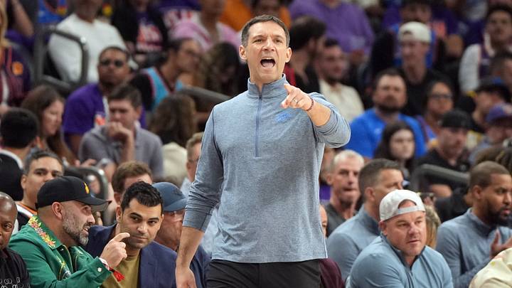 Apr 25, 2026; Phoenix, Arizona, USA; Oklahoma City Thunder head coach Mark Daigneault reacts to a play against the Phoenix Suns in the first half during game three of the first round of the 2026 NBA Playoffs at Mortgage Matchup Center. Mandatory Credit: Rick Scuteri-Imagn Images Apr 25, 2026; Phoenix, Arizona, USA; Oklahoma City Thunder head coach Mark Daigneault reacts to a play against the Phoenix Suns in the first half during game three of the first round of the 2026 NBA Playoffs at Mortgage Matchup Center. Mandatory Credit: Rick Scuteri-Imagn Images