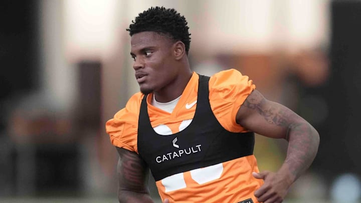 Tennessee defensive back Boo Carter (23) runs during Tennessee football preseason practice, in Knoxville, Tennessee, July 31, 2025.
