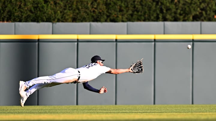 May 26, 2023; Detroit, Michigan, USA; Detroit Tigers center fielder Riley Greene (31) makes a diving