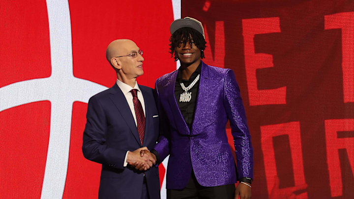 Jun 26, 2024; Brooklyn, NY, USA; Ja'Kobe Walter poses for photos with NBA commissioner Adam Silver after being selected in the first round by the Toronto Raptors in the 2024 NBA Draft at Barclays Center. Mandatory Credit: Brad Penner-Imagn Images