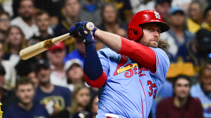 Sep 13, 2025; Milwaukee, Wisconsin, USA; St. Louis Cardinals second baseman Brendan Donovan (33) hits a solo home run against the Milwaukee Brewers in the third inning at American Family Field. Mandatory Credit: Benny Sieu-Imagn Images