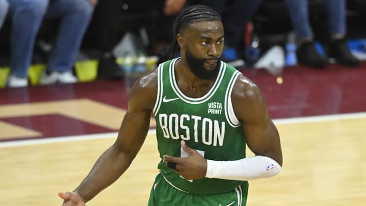 Boston Celtics star Jaylen Brown celebrates after making a shot vs. the Cleveland Cavaliers Boston Celtics star Jaylen Brown celebrates after making a shot vs. the Cleveland Cavaliers