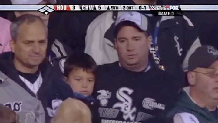 Pope Leo XIV alongside other White Sox fans at Game 1 of the 2005 World Series