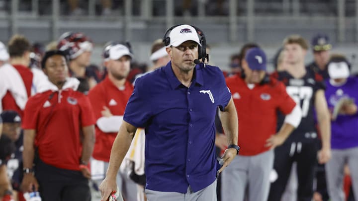Nov 1, 2024; Boca Raton, Florida, USA;  Florida Atlantic Owls head coach Tom Herman on the sidelines during the second half against the South Florida Bulls at FAU Stadium. Mandatory Credit: Reinhold Matay-Imagn Images