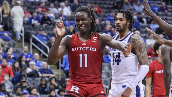 Dec 9, 2023; Newark, New Jersey, USA; St. John's basketball transfer portal target Clifford Omoruyi (11) reacts