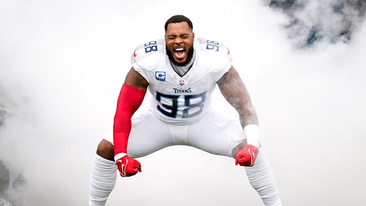 Tennessee Titans defensive tackle Jeffery Simmons heads to the field before a game against the New York Jets at Nissan Stadium in Nashville, Tenn., Sunday, Sept. 15, 2024.