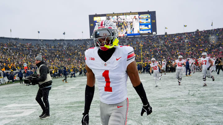 Ohio State Buckeyes cornerback Davison Igbinosun (1) celebrates after defeating the Michigan Wolverines in the NCAA football game at Michigan Stadium on Saturday, Nov. 29, 2025 in Ann Arbor, Michigan.