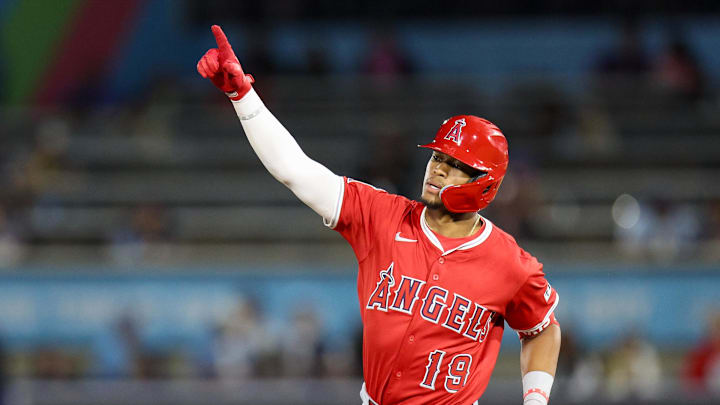 Apr 9, 2025; Anaheim, California, USA; Los Angeles Angels center fielder Kyren Paris (19) runs the bases after hitting a home run against the Tampa Bay Rays in the eighth inning at George M. Steinbrenner Field. Mandatory Credit: Nathan Ray Seebeck-Imagn Images