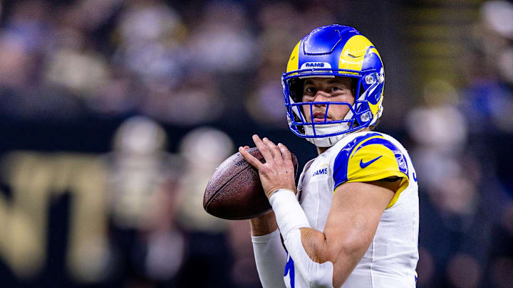 Dec 1, 2024; New Orleans, Louisiana, USA;  Los Angeles Rams quarterback Matthew Stafford (9) during warms up against the New Orleans Saints at Caesars Superdome. Mandatory Credit: Stephen Lew-Imagn Images