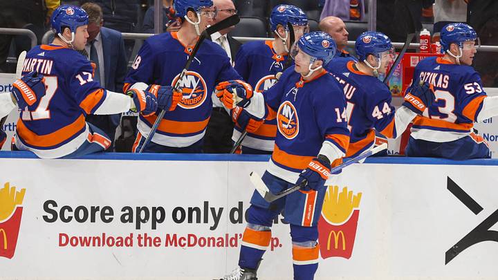 Mar 16, 2024; Elmont, New York, USA; New York Islanders center Bo Horvat (14) celebrates his goal with thirty-six seconds left against the Ottawa Senators during the third period at UBS Arena. Mandatory Credit: Thomas Salus-USA TODAY Sports Mar 16, 2024; Elmont, New York, USA; New York Islanders center Bo Horvat (14) celebrates his goal with thirty-six seconds left against the Ottawa Senators during the third period at UBS Arena. Mandatory Credit: Thomas Salus-USA TODAY Sports