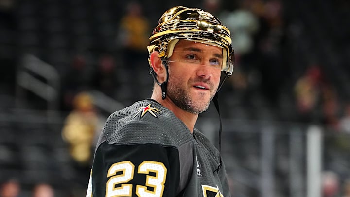 Dec 17, 2023; Las Vegas, Nevada, USA; Vegas Golden Knights defenseman Alec Martinez (23) warms up before the start of a game against the Ottawa Senators at T-Mobile Arena. Mandatory Credit: Stephen R. Sylvanie-Imagn Images