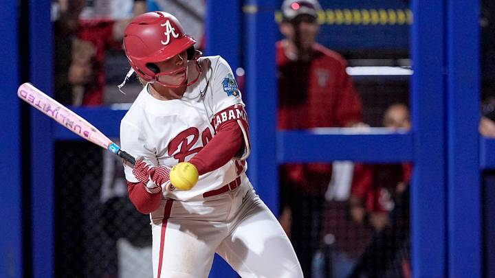 Alabama infielder Brooke Wells (15) is hit by a pitch in the sixth inning of the second softball game between Texas Tech and Alabama at the Women’s College World Series at Devon Park in Oklahoma City, on Monday, June 1, 2026. Alabama infielder Brooke Wells (15) is hit by a pitch in the sixth inning of the second softball game between Texas Tech and Alabama at the Women’s College World Series at Devon Park in Oklahoma City, on Monday, June 1, 2026.