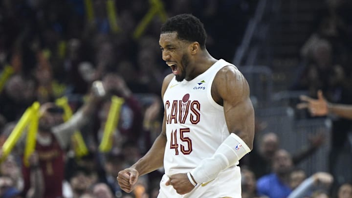 Apr 8, 2026; Cleveland, Ohio, USA; Cleveland Cavaliers guard Donovan Mitchell (45) celebrates in the third quarter against the Atlanta Hawks at Rocket Arena. Mandatory Credit: David Richard-Imagn Images