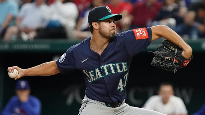 Seattle Mariners pitcher Matt Brash (47) throws to the plate during the seventh inning against the Texas Rangers at Globe Life Field on May 3.