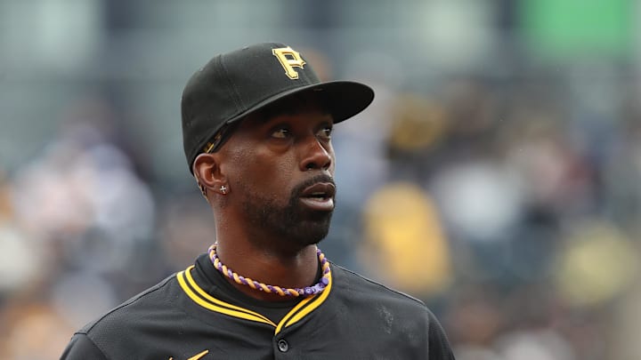 Apr 6, 2025; Pittsburgh, Pennsylvania, USA;  Pittsburgh Pirates right fielder Andrew McCutchen (22) jogs back to the dugout after the fifth inning against the New York Yankees at PNC Park. Mandatory Credit: Charles LeClaire-Imagn Images