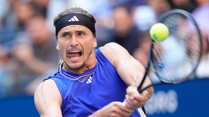 Sept 3, 2024; Flushing, NY, USA; Alexander Zverev (GER) hits to Taylor Fritz (USA) on day nine of the 2024 U.S. Open tennis tournament at USTA Billie Jean King National Tennis Center. Mandatory Credit: Robert Deutsch-Imagn Images Sept 3, 2024; Flushing, NY, USA; Alexander Zverev (GER) hits to Taylor Fritz (USA) on day nine of the 2024 U.S. Open tennis tournament at USTA Billie Jean King National Tennis Center. Mandatory Credit: Robert Deutsch-Imagn Images