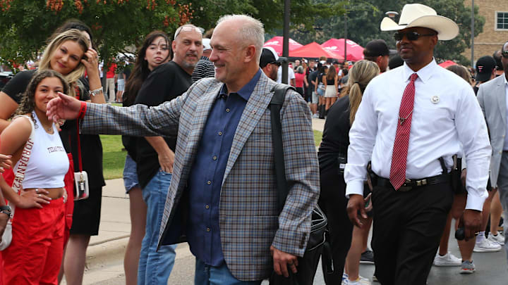 Sep 21, 2024; Lubbock, Texas, USA;  Texas Tech Red Raiders head coach Joey McGuire arrives at Jones AT&T Stadium and Cody Campbell Field before a game against the Arizona State Sun Devils. Mandatory Credit: Michael C. Johnson-Imagn Images