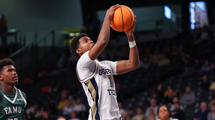 Dec 28, 2025; Atlanta, Georgia, USA; Georgia Tech Yellow Jackets guard Chas Kelley III (7) shoots against the Florida A&M Rattlers in the second half at McCamish Pavilion. Mandatory Credit: Brett Davis-Imagn Images
