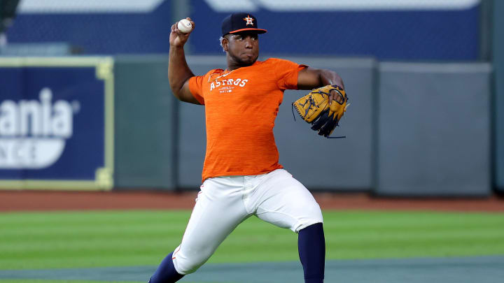 Houston Astros starting pitcher Ronel Blanco (56) works out prior to the game against the Texas Rangers at Minute Maid Park on July 13. Houston Astros starting pitcher Ronel Blanco (56) works out prior to the game against the Texas Rangers at Minute Maid Park on July 13.