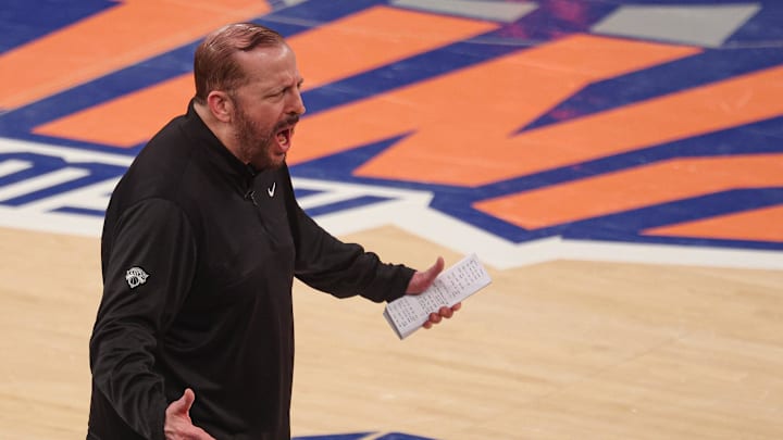 May 29, 2025; New York, New York, USA; New York Knicks head coach Tom Thibodeau reacts in game five of the eastern conference finals of the 2025 NBA Playoffs against the Indiana Pacers at Madison Square Garden. Mandatory Credit: Vincent Carchietta-Imagn Images