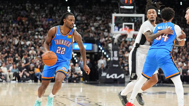 May 24, 2026; San Antonio, Texas, USA; Oklahoma City Thunder guard Cason Wallace (22) moves the ball in the fourth quarter against the San Antonio Spurs during game four of the western conference finals for the 2026 NBA playoffs at Frost Bank Center. Mandatory Credit: Daniel Dunn-Imagn Images