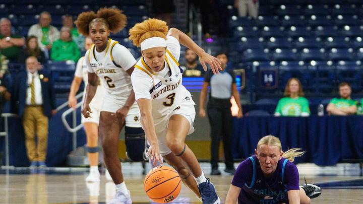 Notre Dame guard Hannah Hidalgo (3) steals the ball during a women's basketball exhibition game against Truman State at Purcell Pavilion on Monday, Oct. 26, 2026, in South Bend.