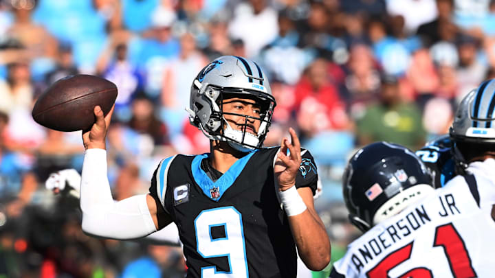 Oct 29, 2023; Charlotte, North Carolina, USA; Carolina Panthers quarterback Bryce Young (9) passes