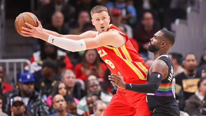Dec 5, 2025; Atlanta, Georgia, USA; Atlanta Hawks center Kristaps Porzingis (8) is defended by Denver Nuggets guard Tim Hardaway Jr. (10) in the third quarter at State Farm Arena. Mandatory Credit: Brett Davis-Imagn Images
Dec 5, 2025; Atlanta, Georgia, USA; Atlanta Hawks center Kristaps Porzingis (8) is defended by Denver Nuggets guard Tim Hardaway Jr. (10) in the third quarter at State Farm Arena. Mandatory Credit: Brett Davis-Imagn Images