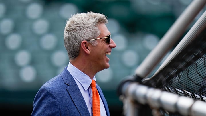 Jul 27, 2022; Baltimore, Maryland, USA;  Baltimore Orioles general manager Mike Elias reacts on the field before the game between the Baltimore Orioles and the Tampa Bay Rays at Oriole Park at Camden Yards. Mandatory Credit: Tommy Gilligan-Imagn Images