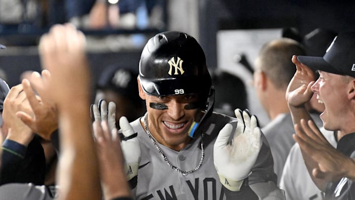 New York designated hitter Aaron Judge hit the first of nine Yankees home runs in the first inning against Tampa Bay Tuesday. New York designated hitter Aaron Judge hit the first of nine Yankees home runs in the first inning against Tampa Bay Tuesday.