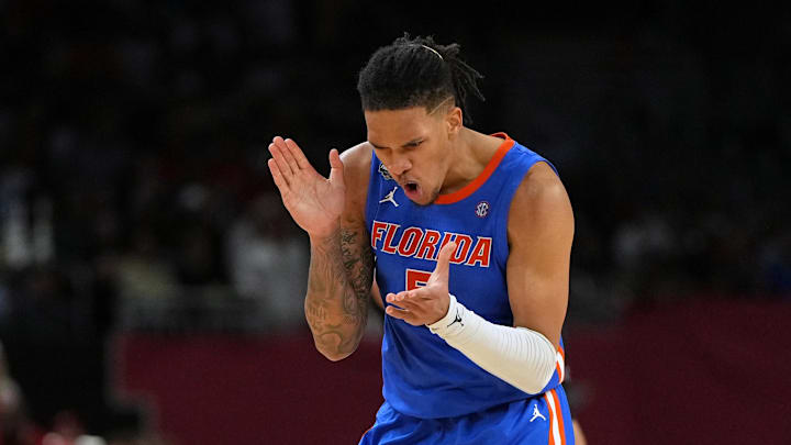 Apr 5, 2025; San Antonio, TX, USA; Florida Gators guard Will Richard (5) reacts after a play against the Auburn Tigers during the second half in the semifinals of the men's Final Four of the 2025 NCAA Tournament at the Alamodome. Mandatory Credit: Bob Donnan-Imagn Images