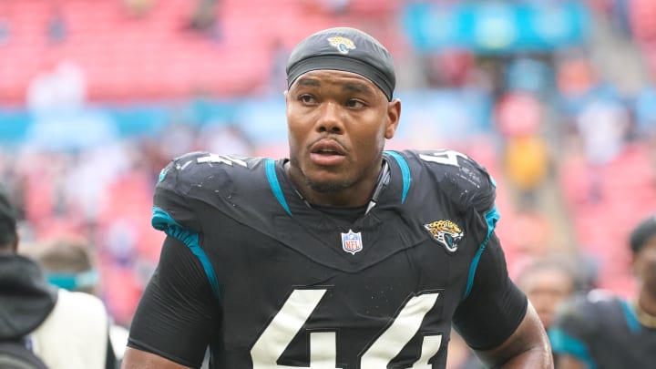 Oct 1, 2023; London, United Kingdom;  Jacksonville Jaguars linebacker Travon Walker (44) leaves the field after  the second half of an NFL International Series game at Wembley Stadium. Mandatory Credit: Peter van den Berg-USA TODAY Sports