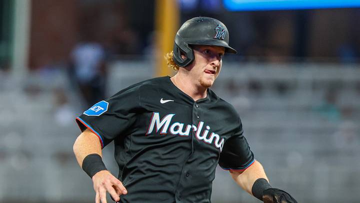 Aug 5, 2026; Cumberland, Georgia, USA; Miami Marlins right fielder Owen Caissie (17) runs to third base against the Atlanta Braves during the fifth inning at Truist Park. Mandatory Credit: Jordan Godfree-Imagn Images Aug 5, 2026; Cumberland, Georgia, USA; Miami Marlins right fielder Owen Caissie (17) runs to third base against the Atlanta Braves during the fifth inning at Truist Park. Mandatory Credit: Jordan Godfree-Imagn Images