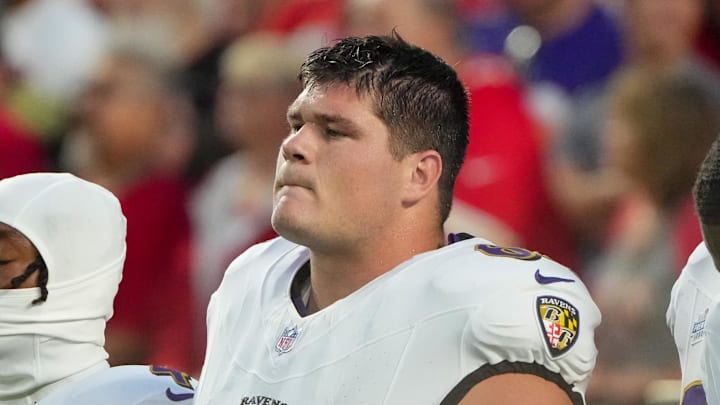 Sep 5, 2024; Kansas City, Missouri, USA; Baltimore Ravens center Tyler Linderbaum (64) on field prior to a game against the Kansas City Chiefs at GEHA Field at Arrowhead Stadium. Mandatory Credit: Denny Medley-Imagn Images Sep 5, 2024; Kansas City, Missouri, USA; Baltimore Ravens center Tyler Linderbaum (64) on field prior to a game against the Kansas City Chiefs at GEHA Field at Arrowhead Stadium. Mandatory Credit: Denny Medley-Imagn Images