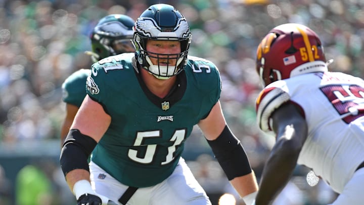 Oct 1, 2023; Philadelphia, Pennsylvania, USA; Philadelphia Eagles center Cam Jurgens (51) blocks against the Washington Commanders at Lincoln Financial Field. 