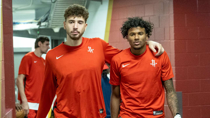 Dec 23, 2023; New Orleans, Louisiana, USA;  Houston Rockets center Alperen Sengun (28) and guard Jalen Green (4) come out the locker room to play against the New Orleans Pelicans before the first half at Smoothie King Center. Mandatory Credit: Stephen Lew-Imagn Images
