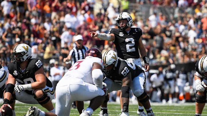 Aug 31, 2024; Nashville, Tennessee, USA;  Vanderbilt Commodores quarterback Diego Pavia (2) points out the defense against the Virginia Tech Hokies during the second half at FirstBank Stadium. Mandatory Credit: Steve Roberts-Imagn Images