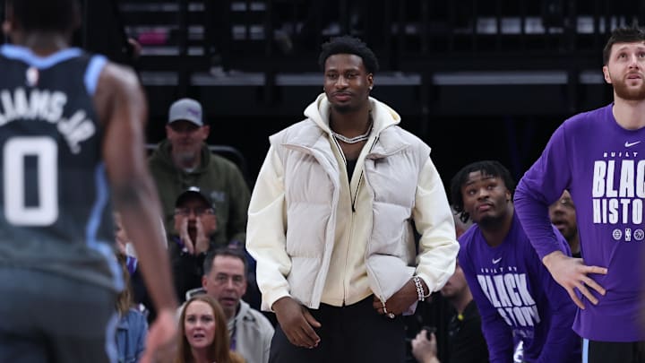 Feb 12, 2026; Salt Lake City, Utah, USA; Utah Jazz forward Jaren Jackson Jr. (middle) reacts after guard Vince Williams Jr. (0) is ejected against the Portland Trail Blazers during the first half at Delta Center. Mandatory Credit: Rob Gray-Imagn Images