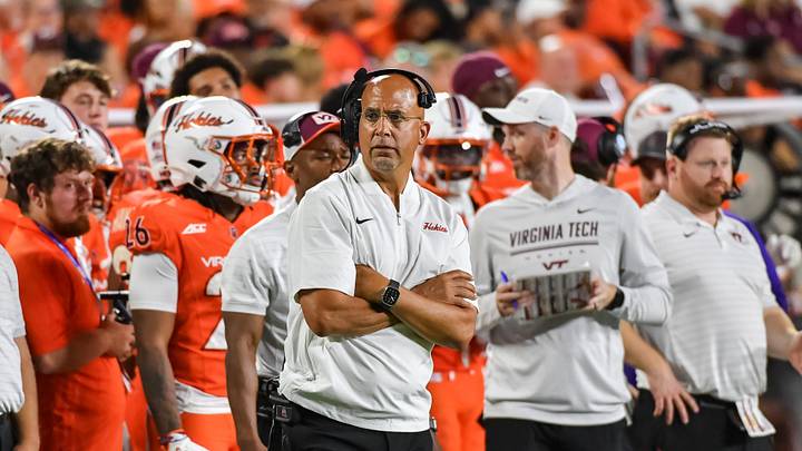Sep 5, 2026; Blacksburg, Virginia, USA;  Virginia Tech Hokies head coach James Franklin watches his team against the VMI Keydets during the third quarter at Lane Stadium.  Mandatory Credit: Brian Bishop-Imagn Images