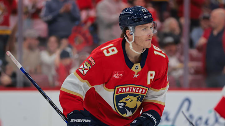 Feb 8, 2025; Sunrise, Florida, USA; Florida Panthers left wing Matthew Tkachuk (19) looks on after scoring against the Ottawa Senators during the second period at Amerant Bank Arena. Mandatory Credit: Sam Navarro-Imagn Images